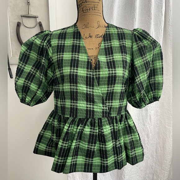 Ganni Tops - GANNI Tartan Plaid Seersucker Puff Sleeve Peplum Top Size S